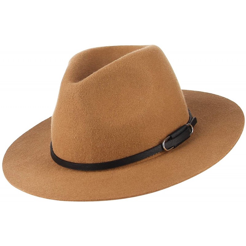 Fedoras Unisex Wool Fedora Hats Men Women Wide Brim Trilby Panama Hat with Belt Buckle - Brown - CQ193UZ92KZ $44.97
