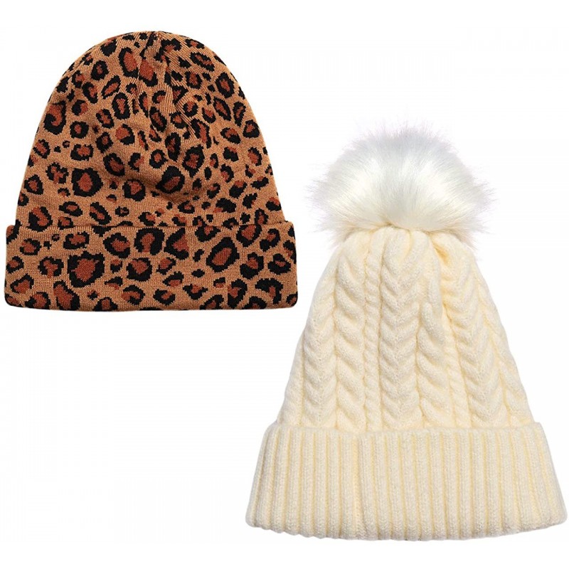 Skullies & Beanies Faux Fur Pom Pom Cable-Knit Wool Beanie Hat Winter Warm Leopard Print Cotton Cap for Women Girls 2 Pack - ...