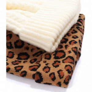Skullies & Beanies Faux Fur Pom Pom Cable-Knit Wool Beanie Hat Winter Warm Leopard Print Cotton Cap for Women Girls 2 Pack - ...