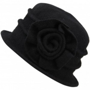 Bucket Hats Womens Winter Warm Wool Cloche Bucket Hat Slouch Wrinkled Beanie Cap with Flower - Black - CF12M4QU23T $27.47