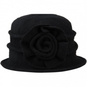 Bucket Hats Womens Winter Warm Wool Cloche Bucket Hat Slouch Wrinkled Beanie Cap with Flower - Black - CF12M4QU23T $24.72