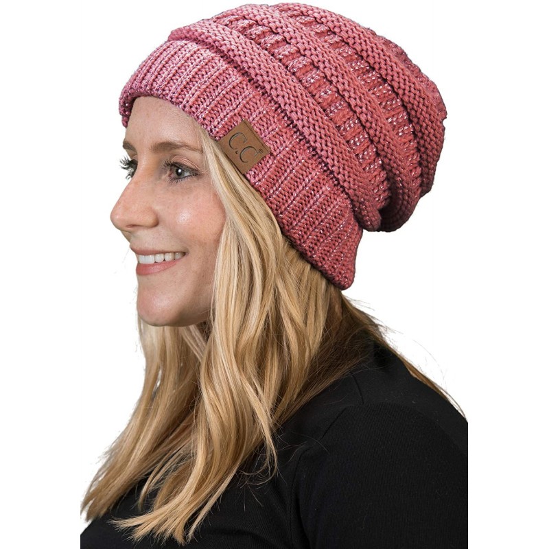 Skullies & Beanies Solid Ribbed Beanie Slouchy Soft Stretch Cable Knit Warm Skull Cap - Dark Rose - Metallic - CA185RUWW7Y $2...