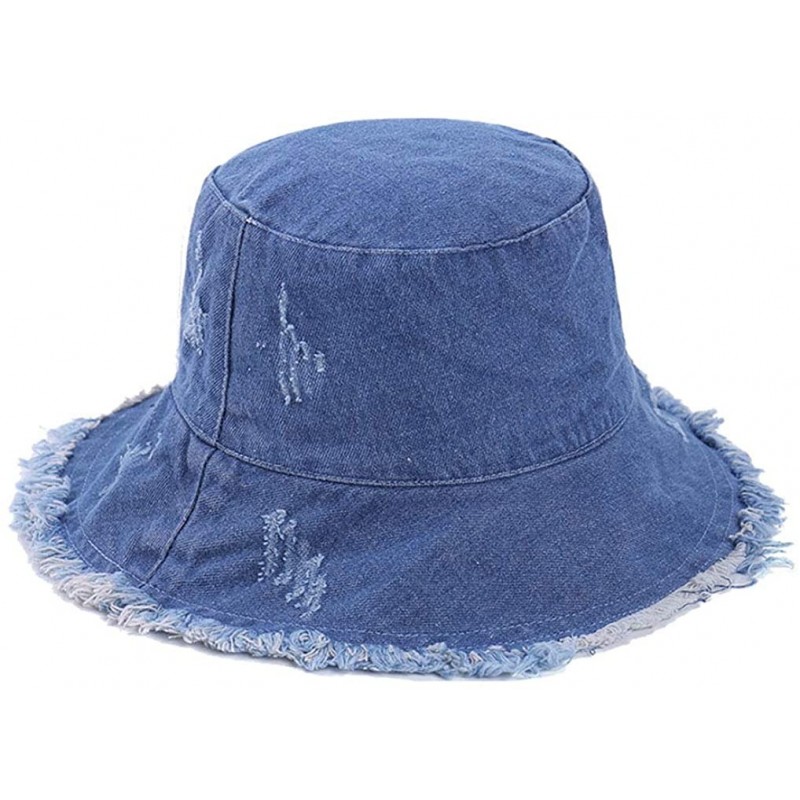 Bucket Hats Denim Bucket-Hat Distressed-Fisherman Foldable - Outdoor Sun Protection Beach Cap - Blue - C818TLX6EGX $11.51