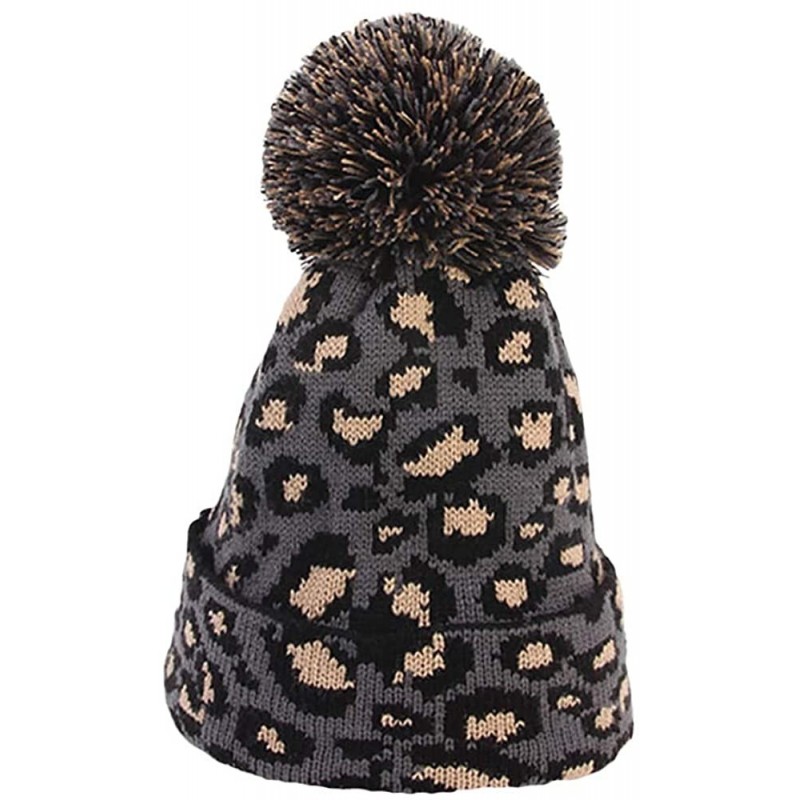 Skullies & Beanies Womens Winter Hats Unisex Leopard Print Cuffed Beanie Soft Warm Slouchy Cap with Fur Pom Hat - Gray - CX18...