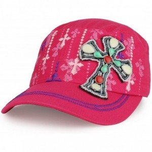 Baseball Caps Fancy Jeweled Cross Embroidered and Printed Flat Top Style Army Cap - Pink - C11805L3RT9 $31.53