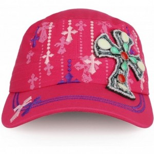 Baseball Caps Fancy Jeweled Cross Embroidered and Printed Flat Top Style Army Cap - Pink - C11805L3RT9 $32.32