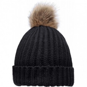 Skullies & Beanies Women's Winter Ribbed Knit Faux Fur Pompoms Chunky Lined Beanie Hats - Sprout Black - CD184RR52NH $20.46