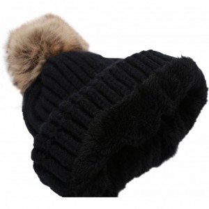 Skullies & Beanies Women's Winter Ribbed Knit Faux Fur Pompoms Chunky Lined Beanie Hats - Sprout Black - CD184RR52NH $21.26