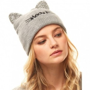 Skullies & Beanies Women's Soft Warm Embroidered Meow Cat Ears Knit Beanie Hat with Stone Embellished - Grey - C218Y4SDOMR $2...