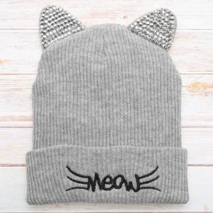 Skullies & Beanies Women's Soft Warm Embroidered Meow Cat Ears Knit Beanie Hat with Stone Embellished - Grey - C218Y4SDOMR $2...
