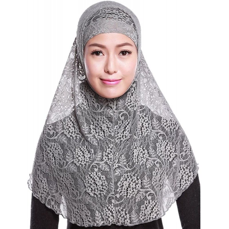 Balaclavas Women's Lace Muslim Islamic Hijab Soft Neck Head Wraps Cap with Outer Scarf - Grey - CC12MQMUF6F $18.88