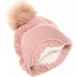 Skullies & Beanies Women's Winter Warm Cable Knitted Visor Brim Pom Pom Beanie Hat with Soft Sherpa Lining. - Pink - Pink Pom...