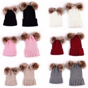 Skullies & Beanies Adults Children Kids Double Fur Winter Casual Warm Cute Knitted Beanie Hats - Wine Red - CN18A96DRDO $47.25