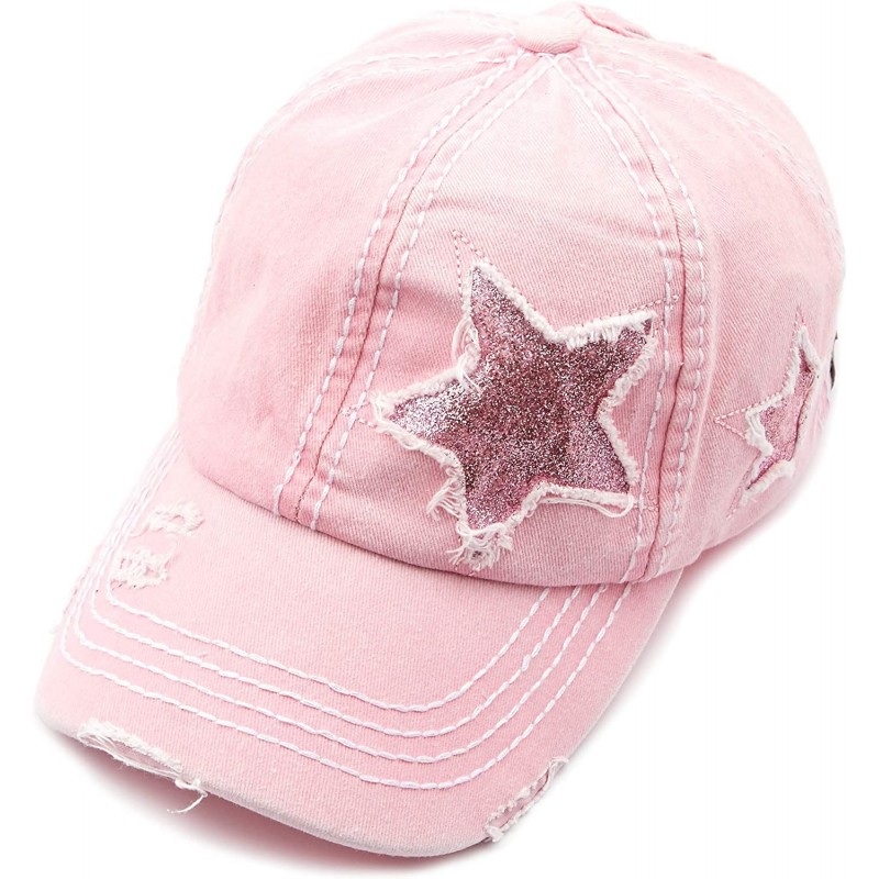 Baseball Caps Exclusives Hatsandscarf Distressed Adjustable - Ltpink Glitter Stars - CT18SKZIMHM $31.28