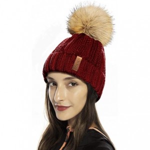 Skullies & Beanies Womens Winter Knit Beanie Hat with Faux Fur Pom Pom Warm Skull Ski Cap Hats for Women - 14-black/Burgundy ...
