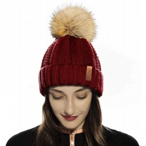 Skullies & Beanies Womens Winter Knit Beanie Hat with Faux Fur Pom Pom Warm Skull Ski Cap Hats for Women - 14-black/Burgundy ...