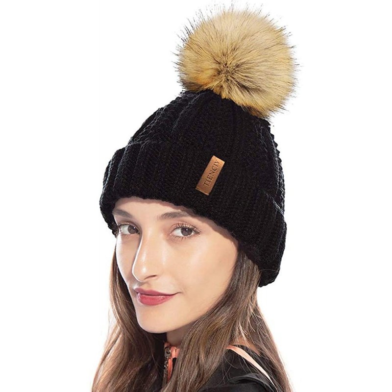 Womens Winter Knit Beanie Hat with Faux Fur Pom Pom Warm Skull Ski Cap ...