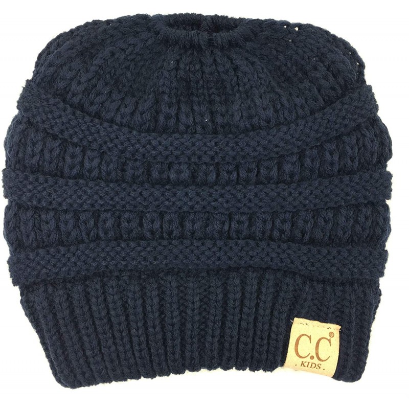 Skullies & Beanies Beanie Tail Kids Soft Stretch Cable Knit Messy High Bun Ponytail Beanie Hat - Navy - C618L5S0DED $26.49