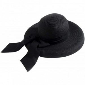 Sun Hats Womens Floppy Straw Hat Wide Brim Summer Beach Cap Bowknot Sun Hat - Black - C318SNI8QG5 $9.60