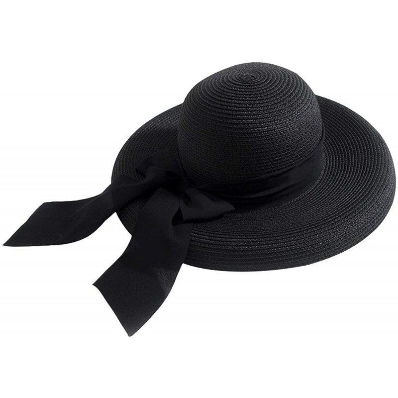 Sun Hats Womens Floppy Straw Hat Wide Brim Summer Beach Cap Bowknot Sun Hat - Black - C318SNI8QG5 $21.61