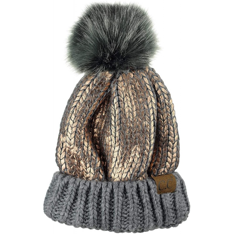 Skullies & Beanies Women's Faux Fur Pom Shiny Metallic Finished Knit Beanie Hat - Light Mel Grey/Rose - C118IQGWDKE $35.51