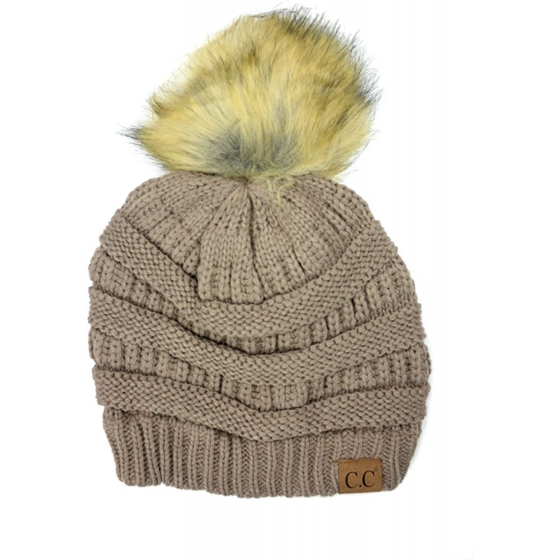 Skullies & Beanies Soft Stretch Cable Knit Ribbed Faux Fur Pom Pom Beanie Hat - Taupe - C312LLP151R $29.06