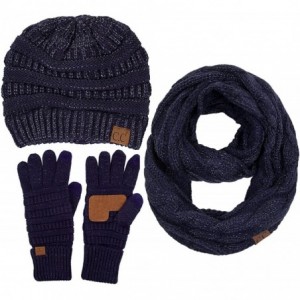 Skullies & Beanies 3pc Set Trendy Warm Chunky Soft Stretch Cable Knit Beanie Scarves Gloves Set - Metallic Navy - CM187GQTCSU...