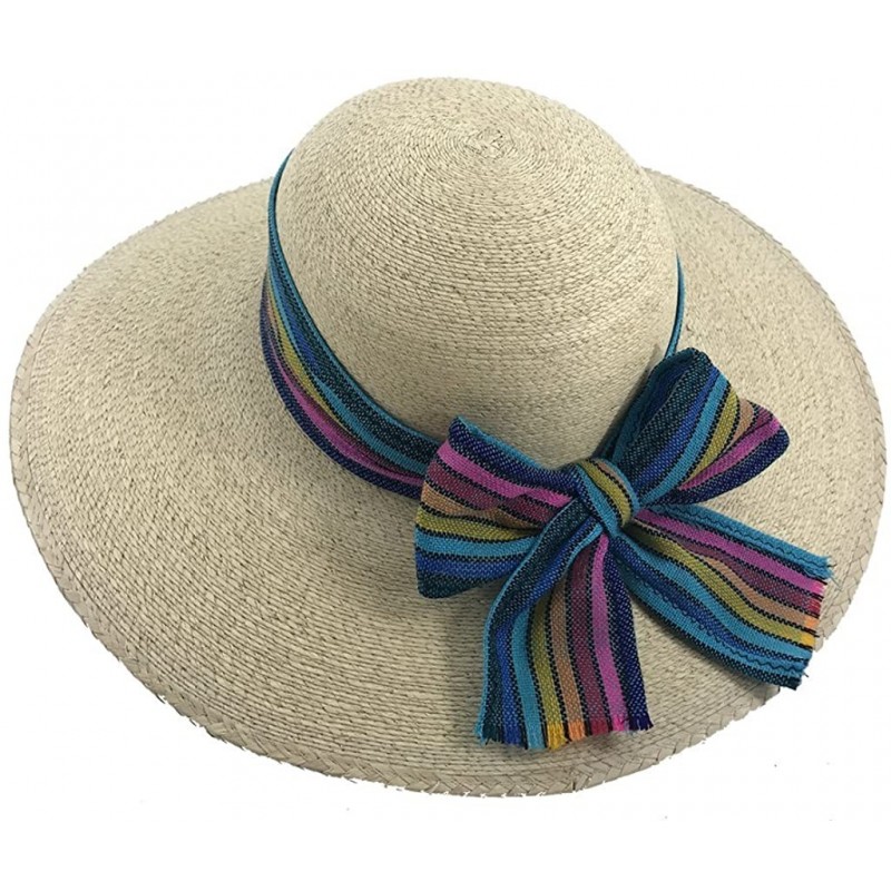 Sun Hats The Original DAMA Lady's Moreno Palm Straw Sun Hat - Natural W/ Light Blue/Rainbow Bow - C0184NI7IO5 $55.07