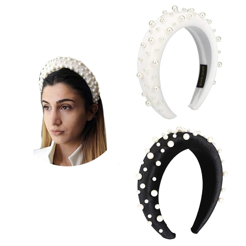 Headbands Velvet Padded Pearl Embellished Headband Large Padded Velvet Races Goth Wedding Headpiece for Women (Black+White) -...