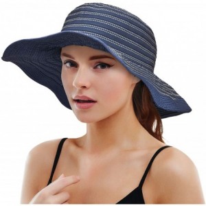 Sun Hats Womens Striped Straw Hat Floppy Beach Hats Foldable Wide Brim Sun Cap for Women - Navy - C118D5XM00K $20.81