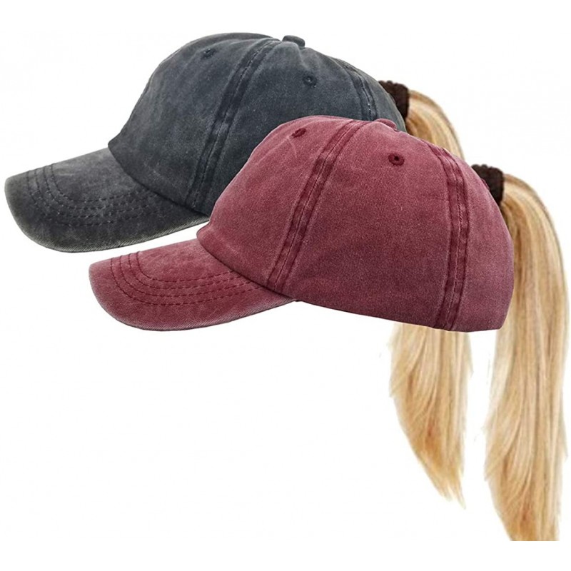 Baseball Caps Washed Ponytail Hats Pony Tail Caps Baseball for Women 2 Pack - Black+burgundy - C818NS79LHO $35.35
