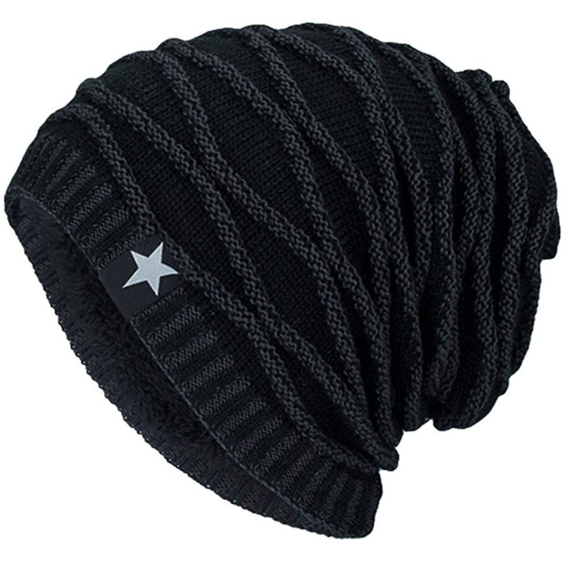 Skullies & Beanies Unisex Knit Slouchy Beanie Chunky Baggy Hat Warm Skull Ski Cap Faux Fur Pompom Hats for Women Men - D-blac...