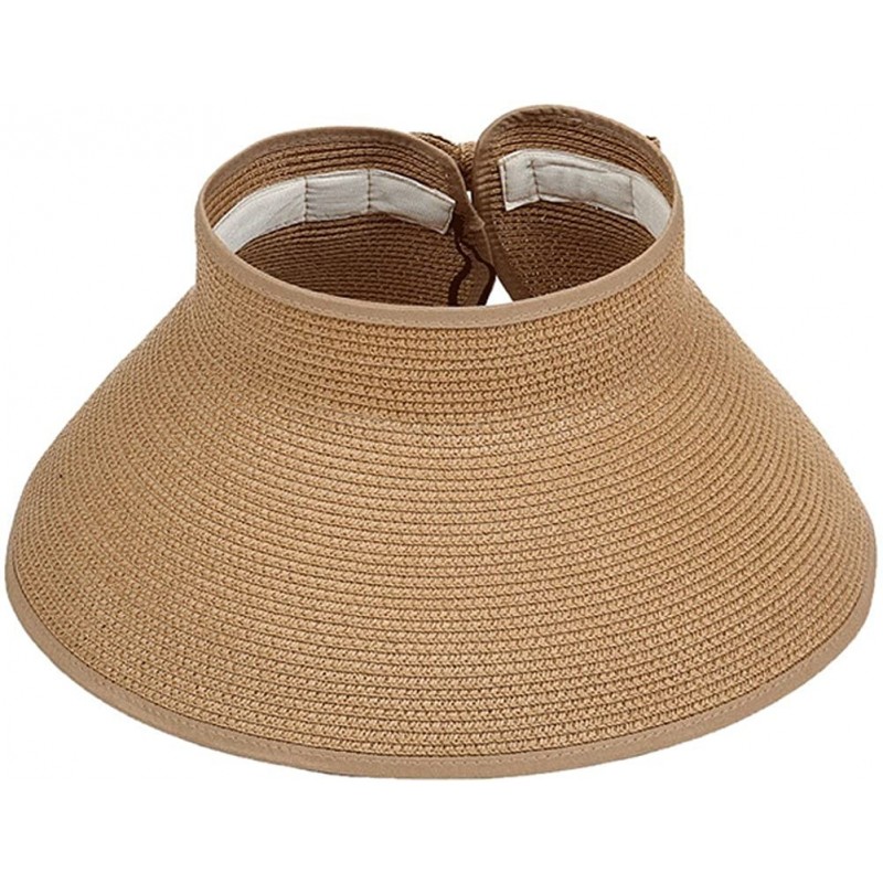 Sun Hats Women Sun Visor Hats Summer Roll Up Packable Wide Brim Straw Hat - Light Coffee - CU17YL80YGO $24.42
