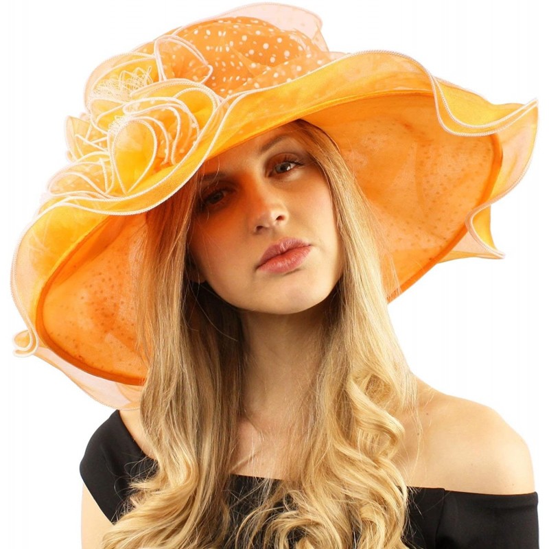 Sun Hats Fancy Classy Polka Dot Ruffle Kentucky Derby Floppy Ruffle Organza Hat - Orange - CH12COY689N $69.56