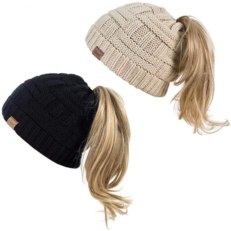 Skullies & Beanies Womens High Messy Bun Beanie Hat with Ponytail Hole- Winter Warm Trendy Knit Ski Skull Cap - Black&beige -...