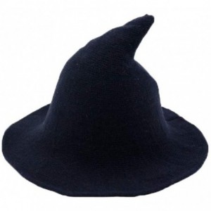 Skullies & Beanies Modern Witch Hat Women Wide Brim Spire Knitted Cap Halloween Cosplay Felt Hat Flat Wool Costume - Navy - C...