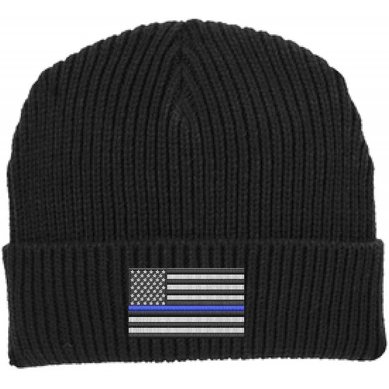 Skullies & Beanies Thin Blue Line American Flag Support Police Law Enforcement Winter Watch Cap Hat - Black - CJ180U063RM $27.45