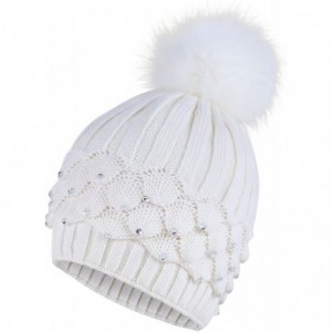 Skullies & Beanies Horizontal Cable Knit Beanie with Sequins and Faux Fur Pompom - Ivory - CF185LU8CSQ $18.82