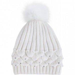 Skullies & Beanies Horizontal Cable Knit Beanie with Sequins and Faux Fur Pompom - Ivory - CF185LU8CSQ $18.38