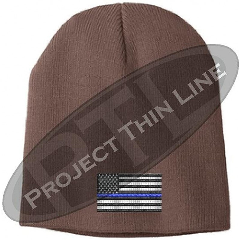 Skullies & Beanies Embroidered Thin Blue Line American Flag Support Police Beanie Skull Cap - Choose Color - Brown - CP180TTR...