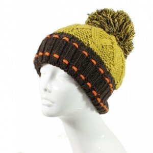 Skullies & Beanies Winter Big Pom Pom Beanie Hat Wool Blend Fleece Lined Color Block 2 Styles - Stitched- Mustard / Dark Brow...