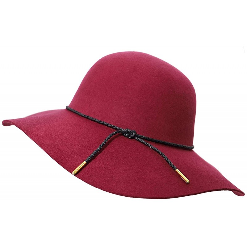 Sun Hats Women's Wide Brim Wool Ribbon Band Floppy Hat - Braided Band_burgundy - C718A8HHMKK $42.68