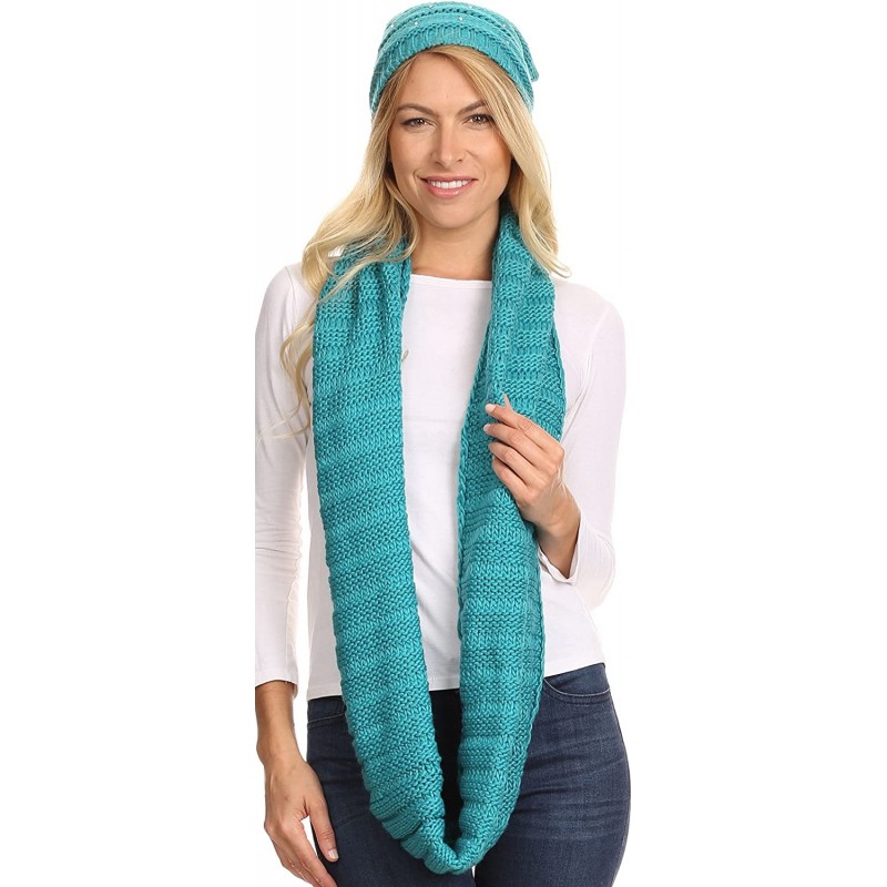 Skullies & Beanies Sayla Rhinestone Jewel Soft Warm Woven Cable Knit Beanie Hat And Scarf Set - Teal - CT12L6XBBVX $42.29
