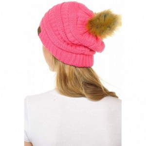 Skullies & Beanies Hat-43 Thick Warm Cap Hat Skully Faux Fur Pom Pom Cable Knit Beanie - Candy Pink - CC18X9UYSZW $31.92