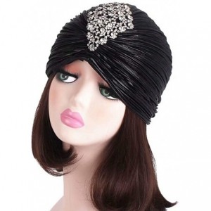Skullies & Beanies Women's Rhinestones Ruffle Turban Hat Glitter Twist Pleated Hair Wrap Stretch Turban - Black - CB192KT27DC...