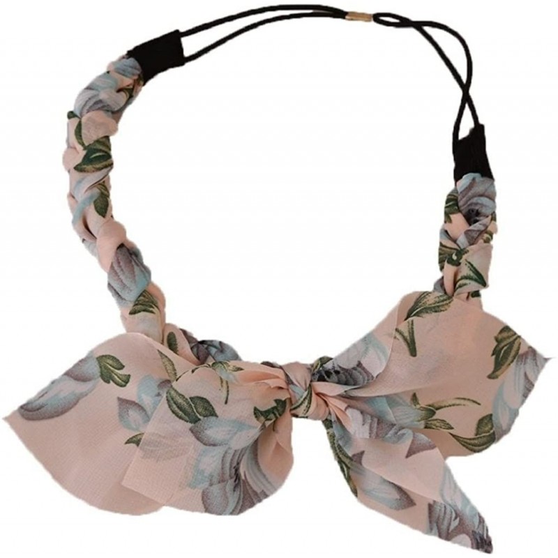 Headbands Women Chiffon Floral Bowknot Braid Headband Rabbit Ear Elastic Hairband - Pink - CV185TMAR0S $17.86