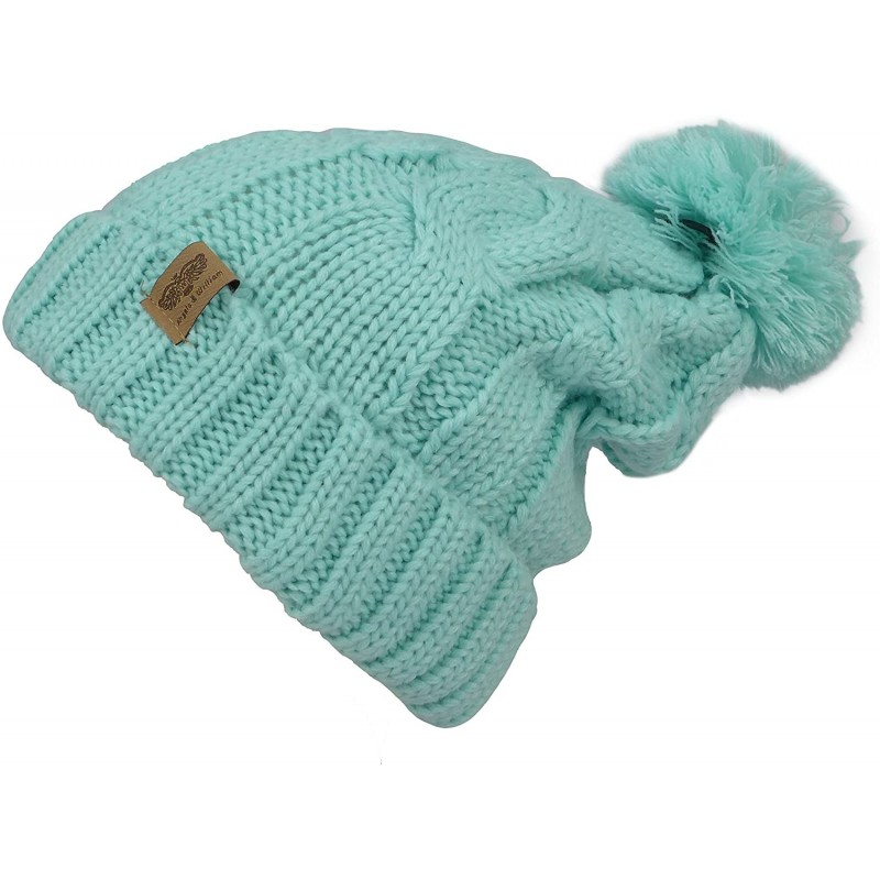 Skullies & Beanies Fleece Lined Warm Knitted Slouchy Pom Pom Cable Beanie Cap Hat - Mint - C41875N4I3D $24.85