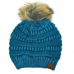 Skullies & Beanies Soft Stretch Cable Knit Ribbed Faux Fur Pom Pom Beanie Hat - Teal-metallic - C81882TTX37 $32.19