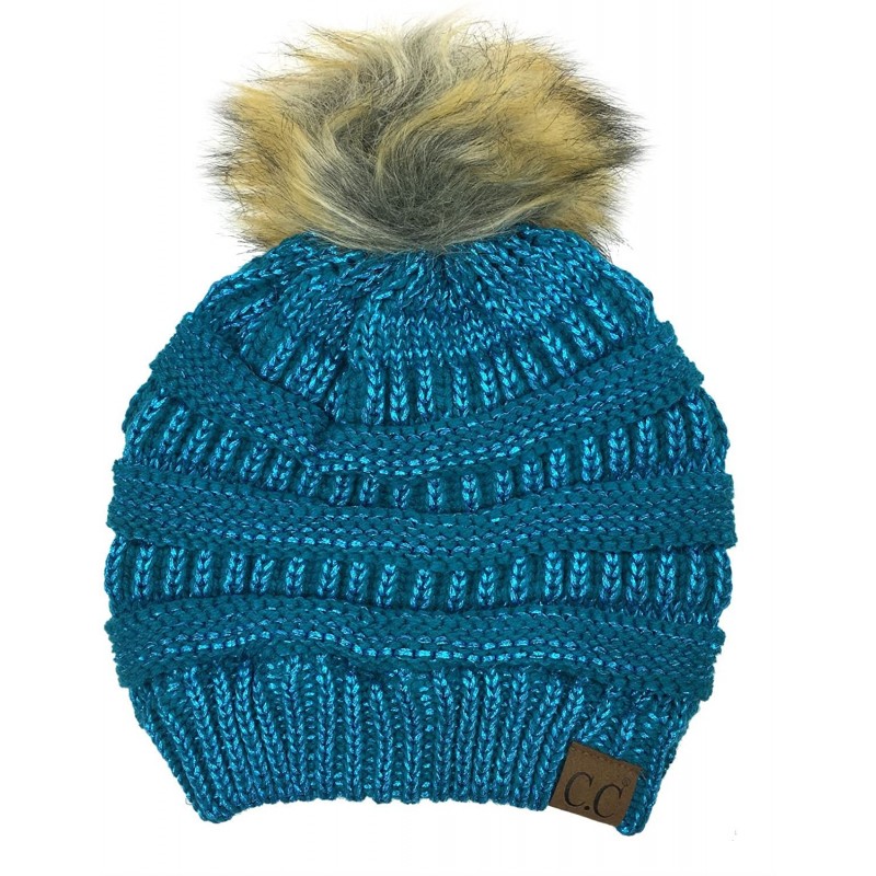 Skullies & Beanies Soft Stretch Cable Knit Ribbed Faux Fur Pom Pom Beanie Hat - Teal-metallic - C81882TTX37 $36.27