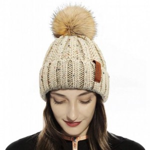 Skullies & Beanies Womens Winter Knit Beanie Hat with Faux Fur Pom Pom Warm Skull Ski Cap Hats for Women - 16-black/Mixed Bei...